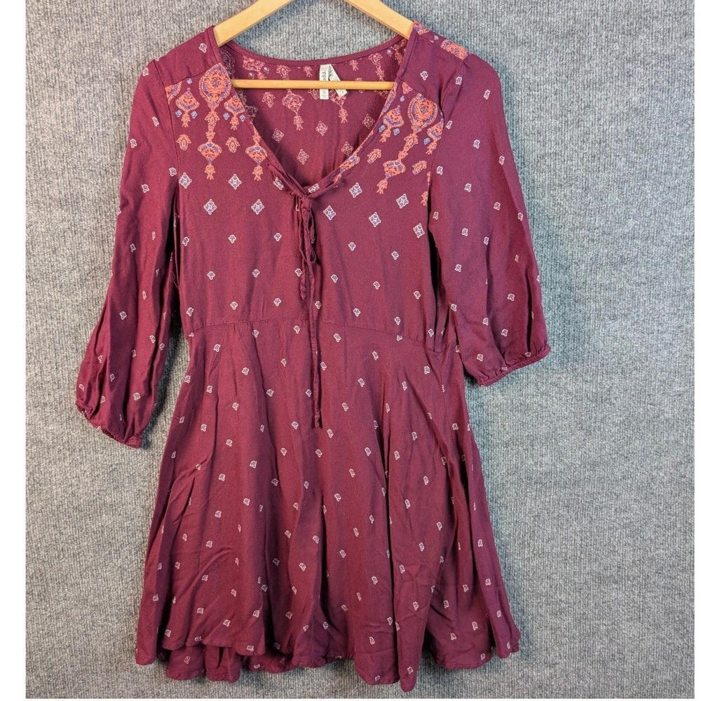 Mudd M Burgundy Boho Mini Dress Long Sleeve Praire Peasant Cottage